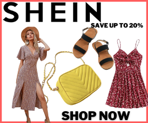 ad for Shein image of a woman wearing  a dress, a handbag, sandals and another dress