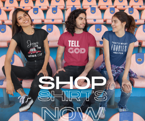 ad for the shirt shop. 2 women and 1 man wearing shirts from Great Life is a must