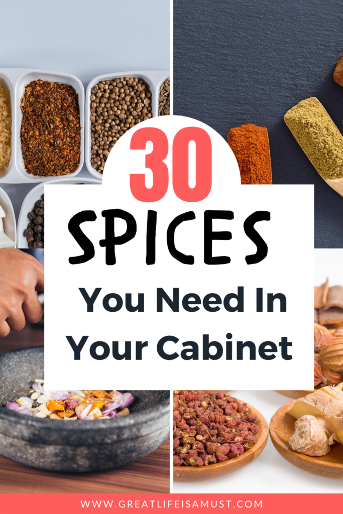 photo has pictures of spices and say "30 spices you need in your cabinet"
