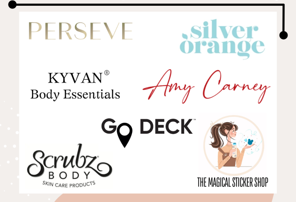 Image announcing the MOMentarily Gone Gifting Suite Sponsors which includes, Perseve, Silver Orange, Kyvan Body Essentials, Amy Carney, Go Deck, The Magical Sticker Shop, and Scrubz Body Skin Care products