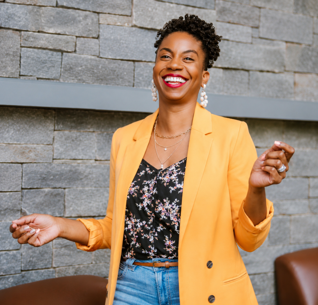 Stephani Shepherd, owner of Great Life is a Must and creator of MOMentarily Gone in a yellow blazer